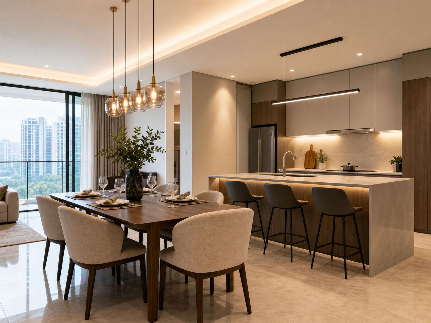 Modern condominium dining and kitchen area
